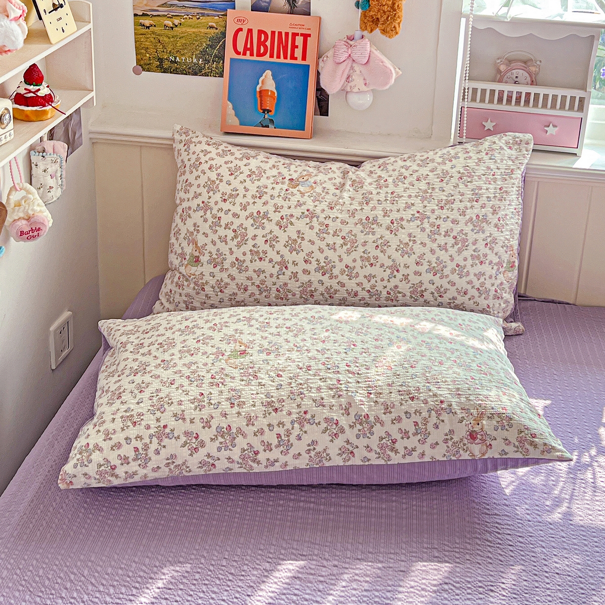 91家纺网 家纺一手货源 找家纺 悦织湾家纺 2026新款泡芙棉印花四件套单品单被套枕套时尚轻奢卡通小碎花学生宿舍用品三四件套 花紫兔