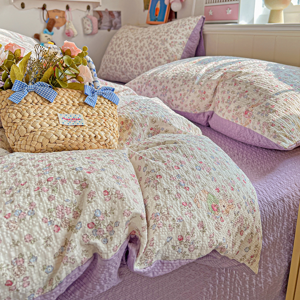 91家纺网 家纺一手货源 找家纺 悦织湾家纺 2026新款泡芙棉印花四件套单品单被套枕套时尚轻奢卡通小碎花学生宿舍用品三四件套 花紫兔