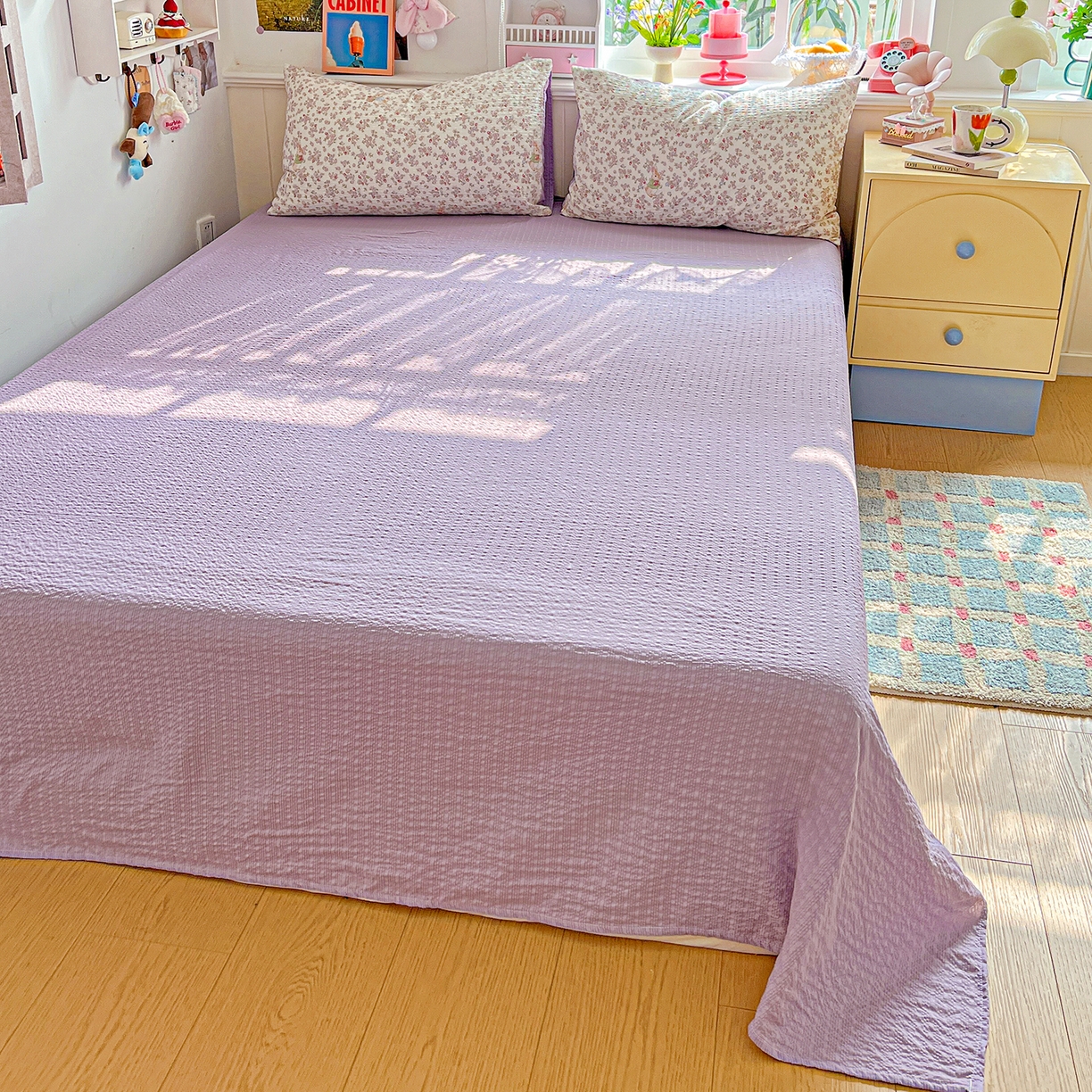 91家纺网 家纺一手货源 找家纺 悦织湾家纺 2026新款泡芙棉印花四件套单品单被套枕套时尚轻奢卡通小碎花学生宿舍用品三四件套 花紫兔