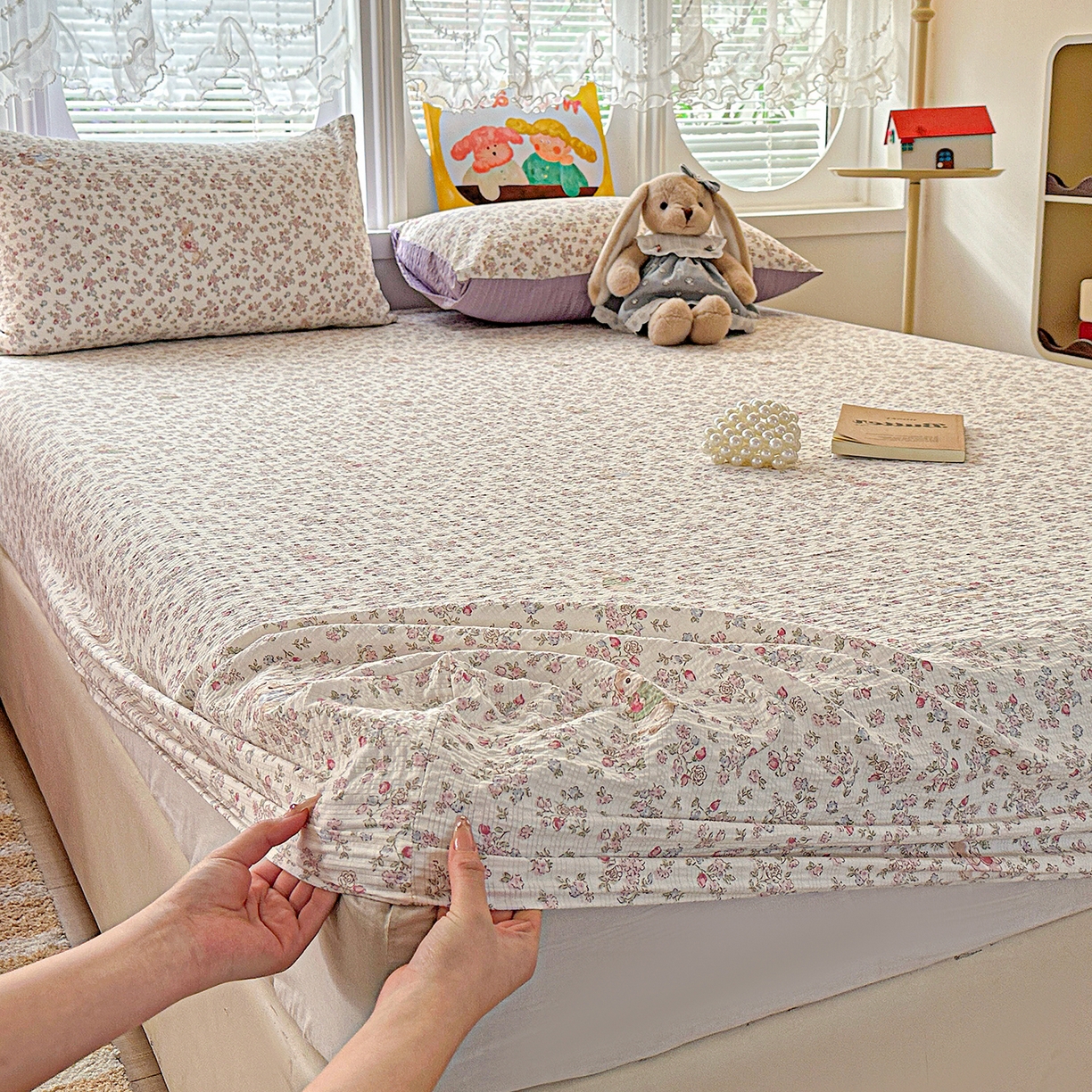 91家纺网 家纺一手货源 找家纺 悦织湾家纺 2026新款老粗布印花床单床笠床笠三两件套春秋学生宿舍单双人床笠 花紫兔