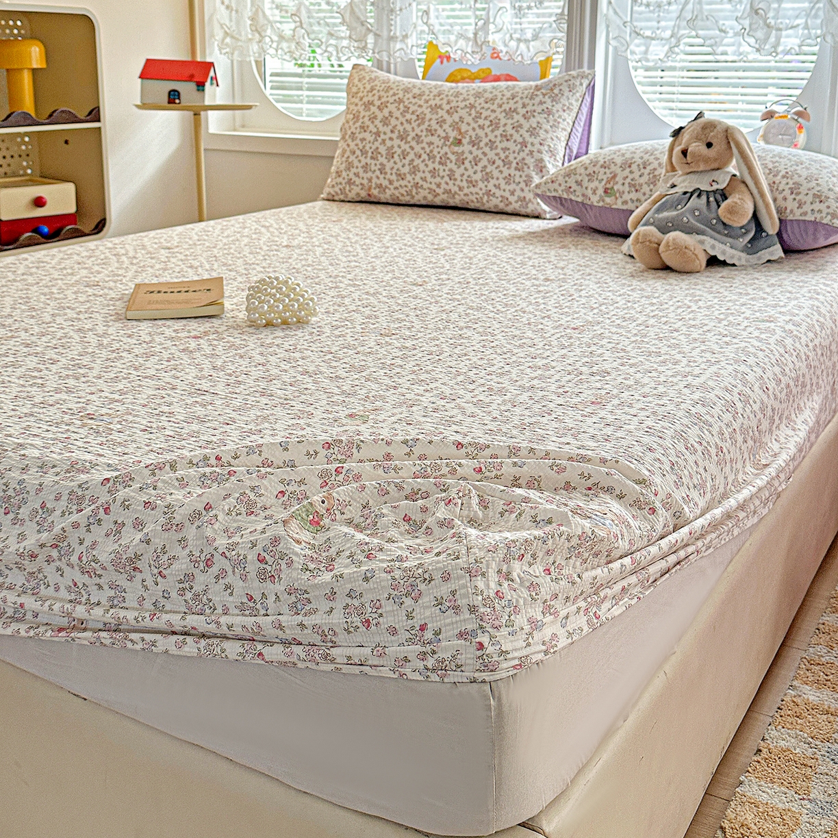 91家纺网 家纺一手货源 找家纺 悦织湾家纺 2026新款老粗布印花床单床笠床笠三两件套春秋学生宿舍单双人床笠 花紫兔