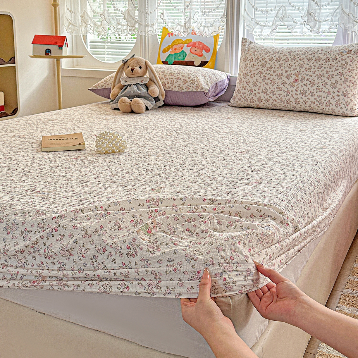 91家纺网 家纺一手货源 找家纺 悦织湾家纺 2026新款老粗布印花床单床笠床笠三两件套春秋学生宿舍单双人床笠 花紫兔