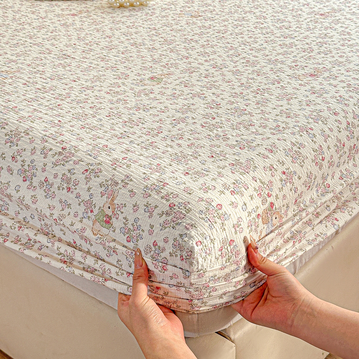 91家纺网 家纺一手货源 找家纺 悦织湾家纺 2026新款老粗布印花床单床笠床笠三两件套春秋学生宿舍单双人床笠 花紫兔