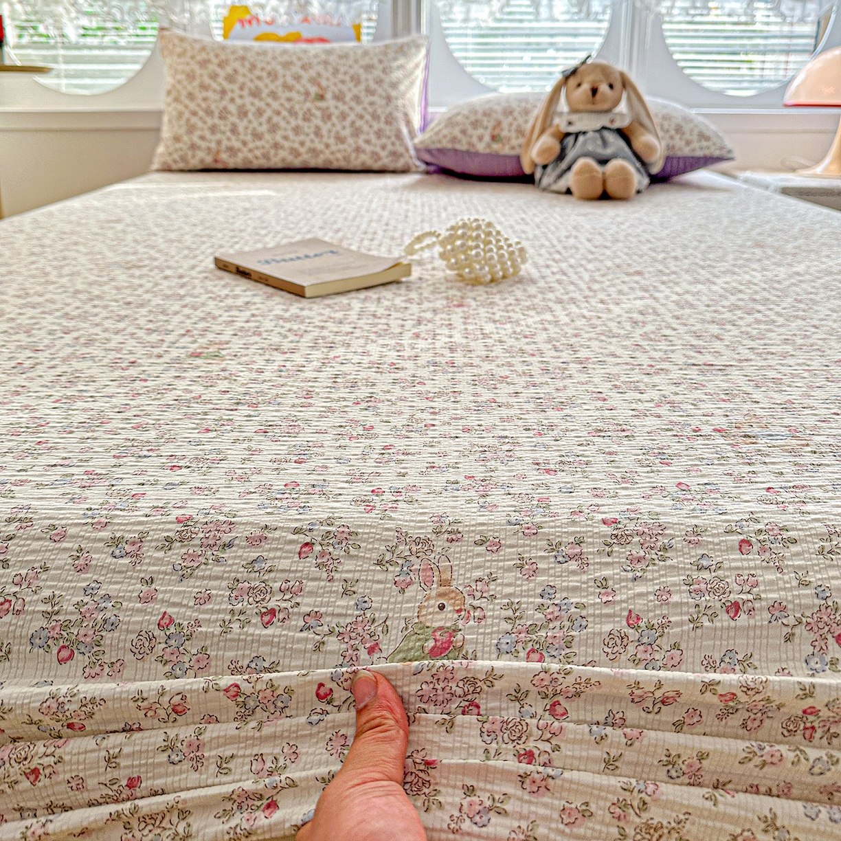 91家纺网 家纺一手货源 找家纺 悦织湾家纺 2026新款老粗布印花床单床笠床笠三两件套春秋学生宿舍单双人床笠 花紫兔