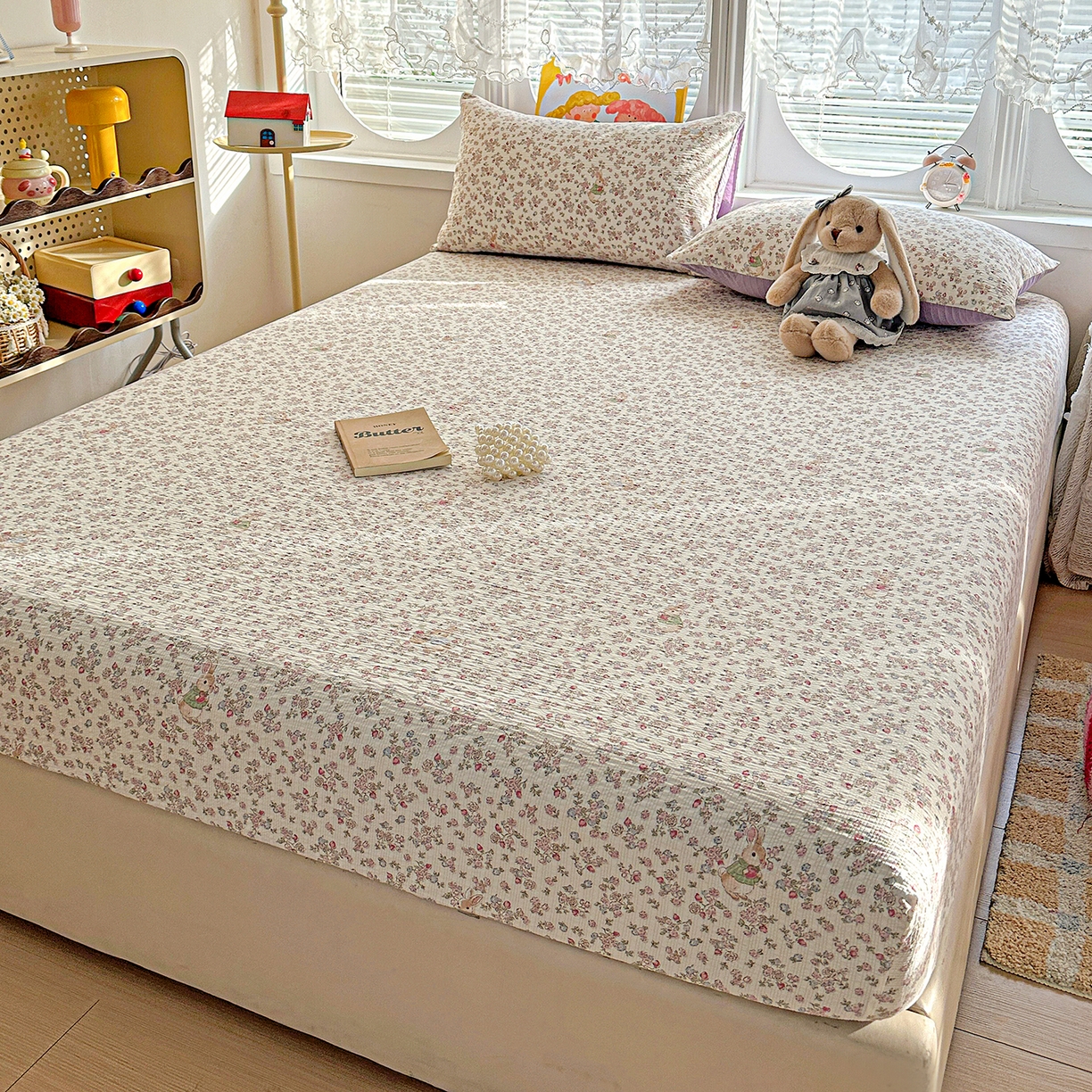 91家纺网 家纺一手货源 找家纺 悦织湾家纺 2026新款老粗布印花床单床笠床笠三两件套春秋学生宿舍单双人床笠 花紫兔