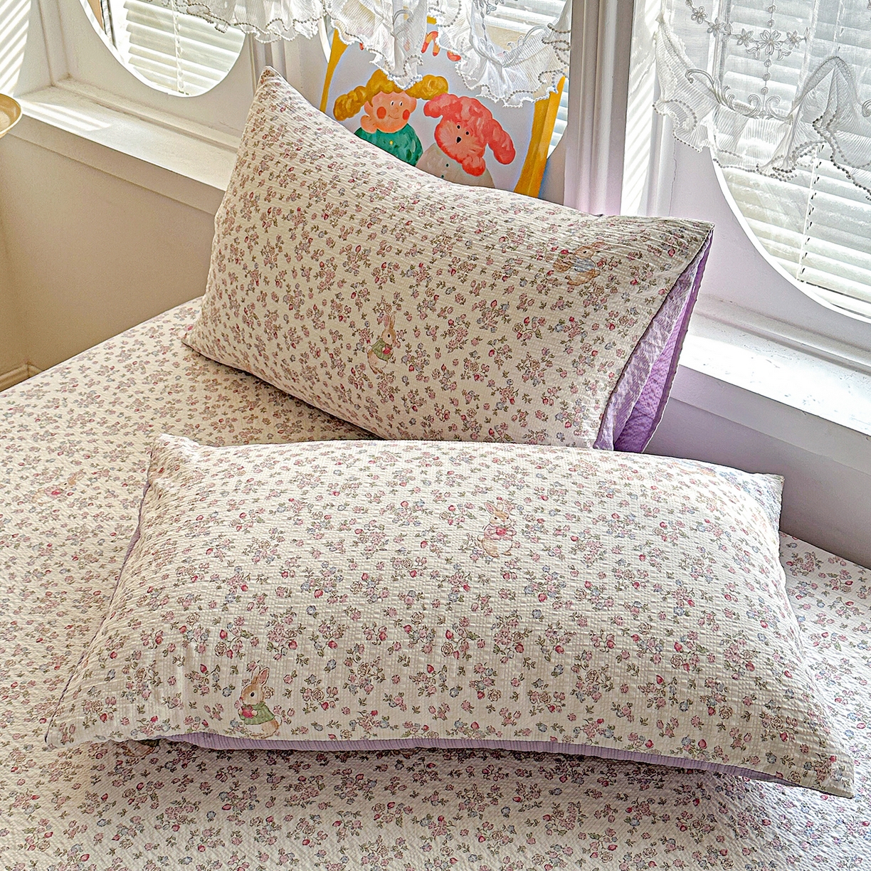 91家纺网 家纺一手货源 找家纺 悦织湾家纺 2026新款老粗布印花床单床笠床笠三两件套春秋学生宿舍单双人床笠 花紫兔