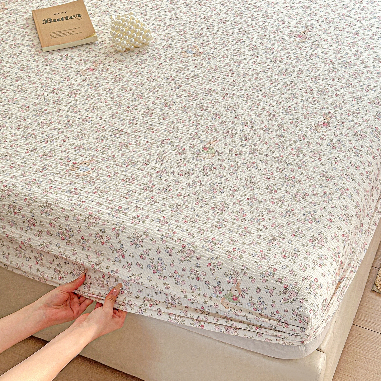 91家纺网 家纺一手货源 找家纺 悦织湾家纺 2026新款老粗布印花床单床笠床笠三两件套春秋学生宿舍单双人床笠 花紫兔