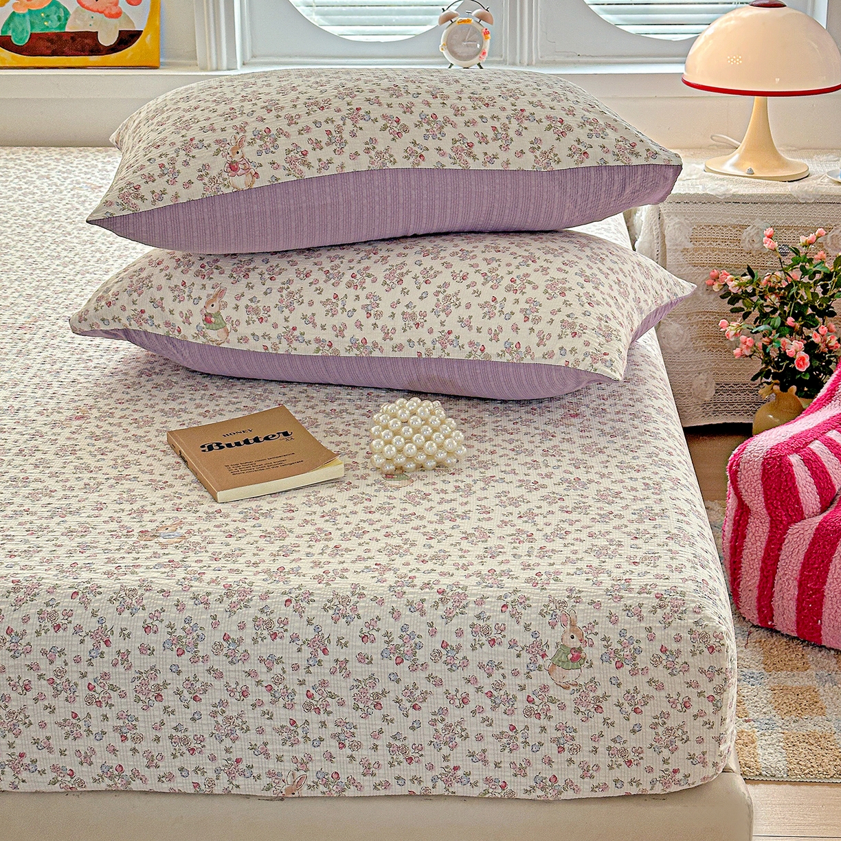 91家纺网 家纺一手货源 找家纺 悦织湾家纺 2026新款老粗布印花床单床笠床笠三两件套春秋学生宿舍单双人床笠 花紫兔