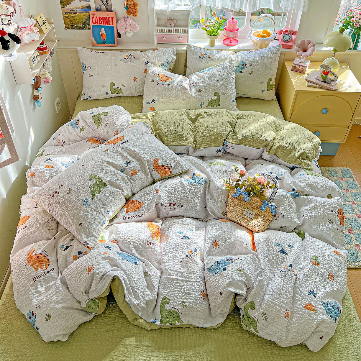 悦织湾家纺 2026新款泡芙棉印花四件套单品单被套枕套时尚轻奢卡通小碎花学生宿舍用品三四件套 恐龙日记