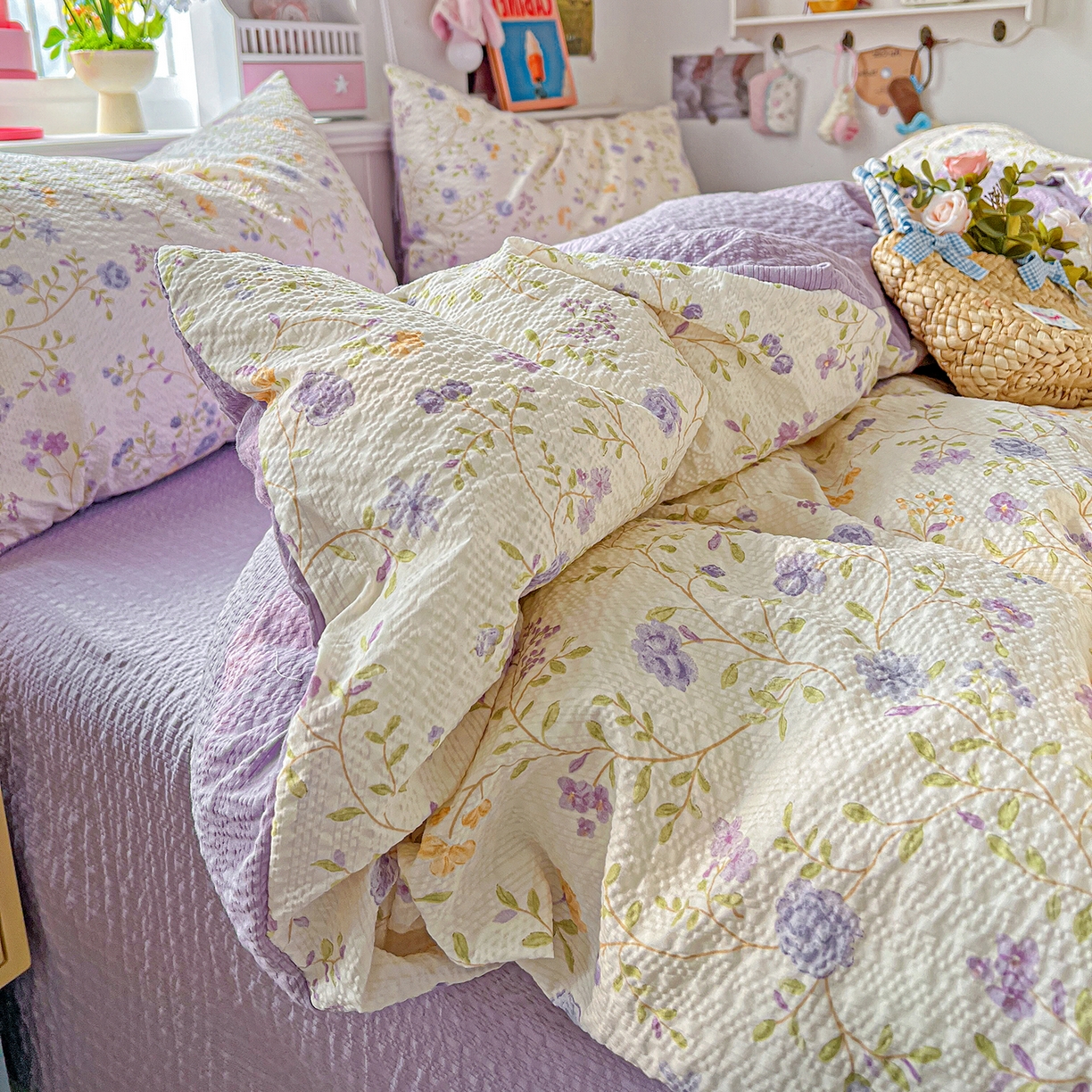 91家纺网 家纺一手货源 找家纺 悦织湾家纺 2026新款泡芙棉印花四件套单品单被套枕套时尚轻奢卡通小碎花学生宿舍用品三四件套 浪漫日记