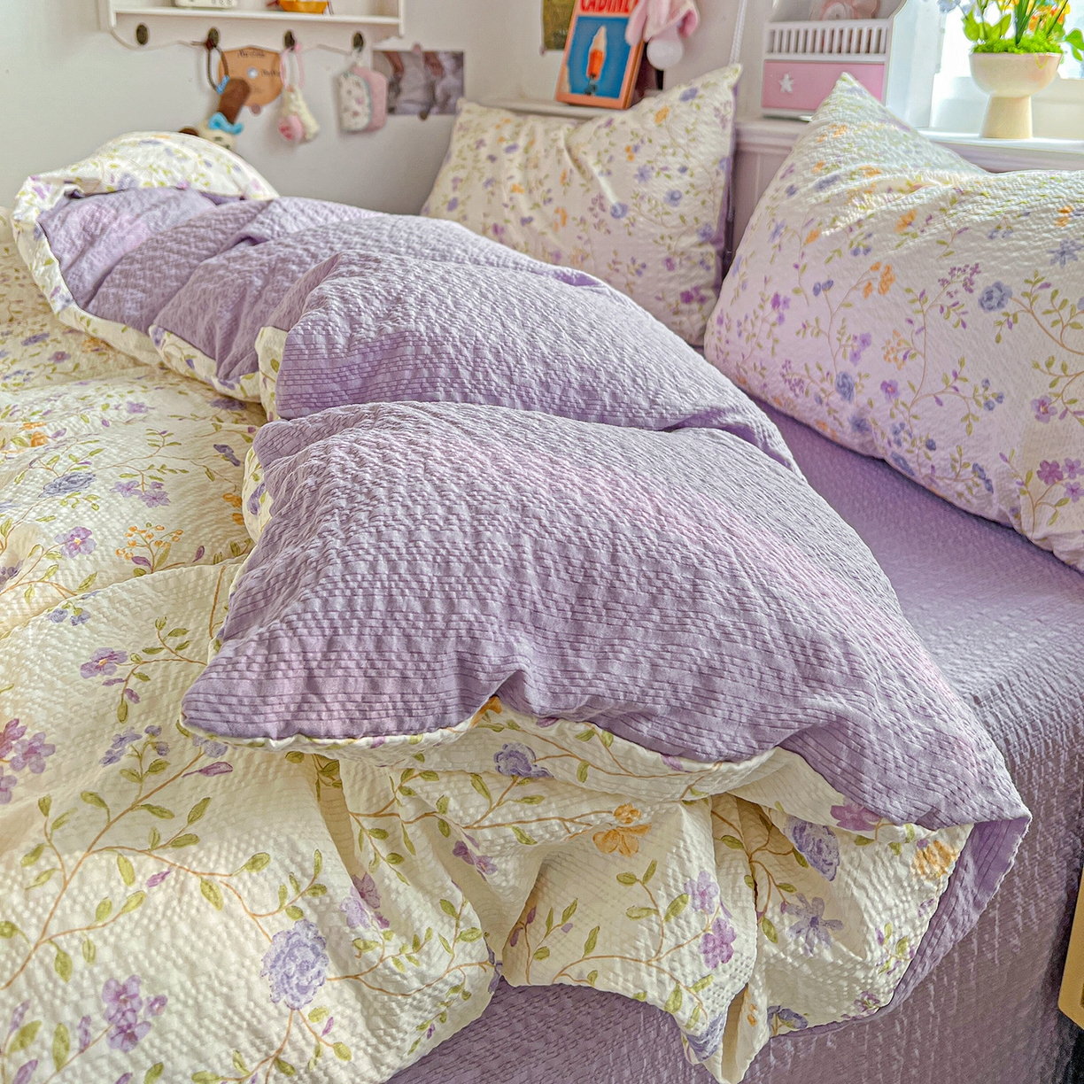 91家纺网 家纺一手货源 找家纺 悦织湾家纺 2026新款泡芙棉印花四件套单品单被套枕套时尚轻奢卡通小碎花学生宿舍用品三四件套 浪漫日记