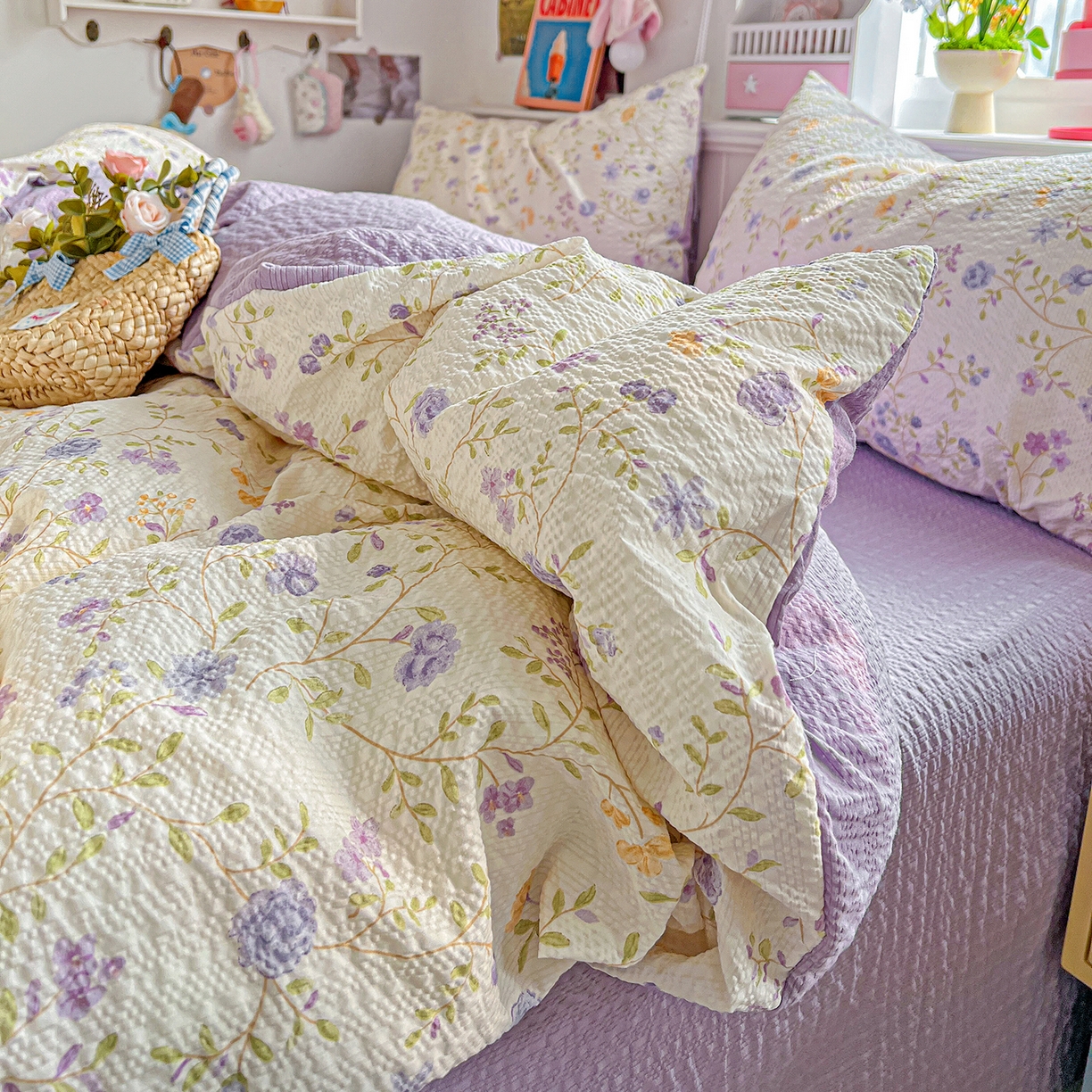 91家纺网 家纺一手货源 找家纺 悦织湾家纺 2026新款泡芙棉印花四件套单品单被套枕套时尚轻奢卡通小碎花学生宿舍用品三四件套 浪漫日记