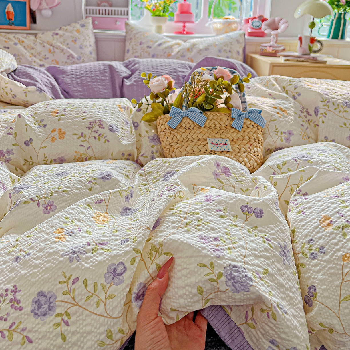 91家纺网 家纺一手货源 找家纺 悦织湾家纺 2026新款泡芙棉印花四件套单品单被套枕套时尚轻奢卡通小碎花学生宿舍用品三四件套 浪漫日记