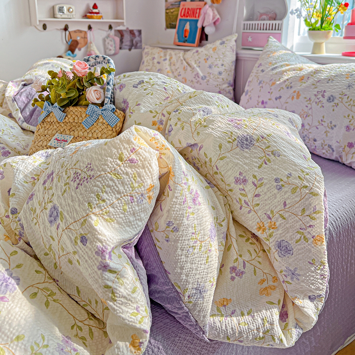 91家纺网 家纺一手货源 找家纺 悦织湾家纺 2026新款泡芙棉印花四件套单品单被套枕套时尚轻奢卡通小碎花学生宿舍用品三四件套 浪漫日记