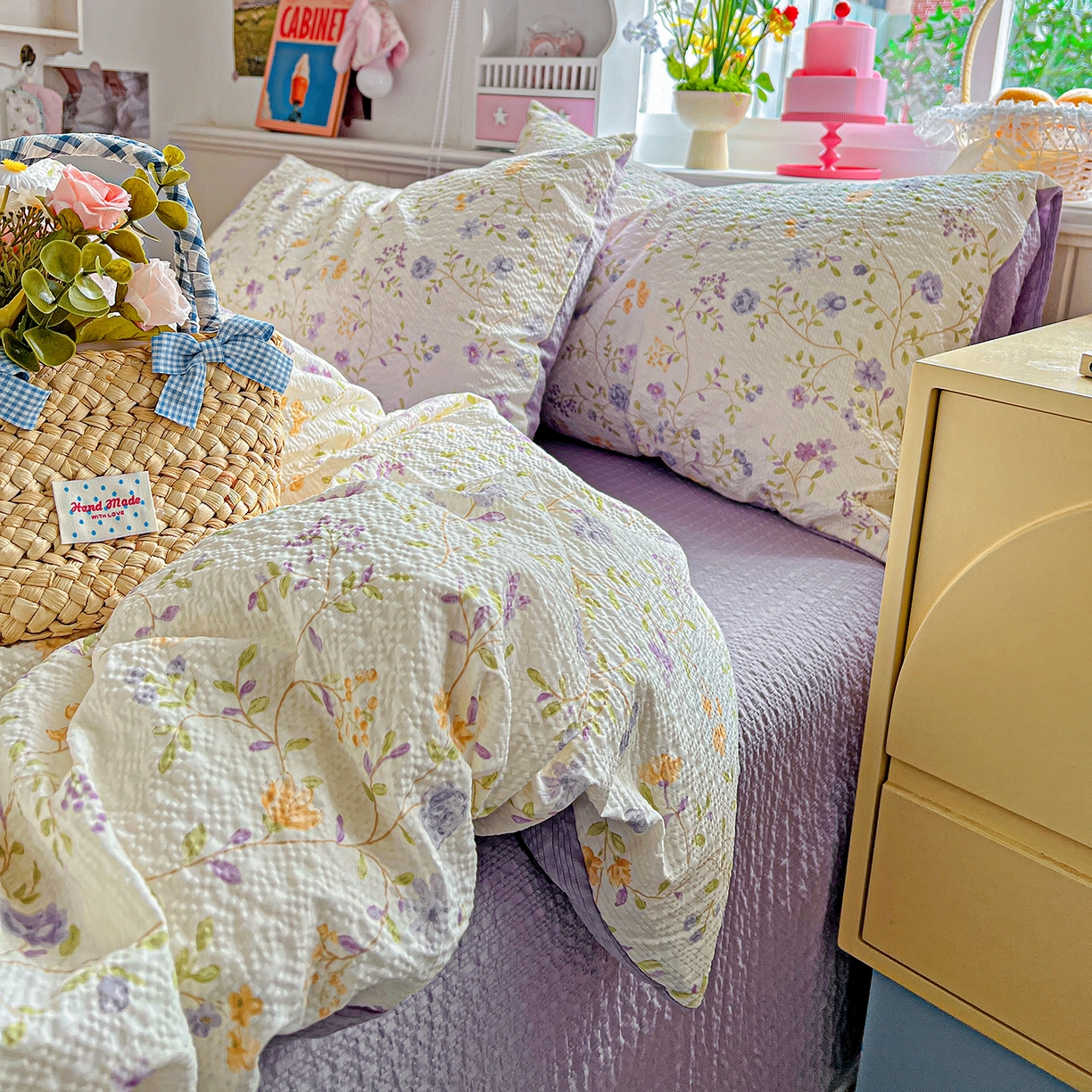 91家纺网 家纺一手货源 找家纺 悦织湾家纺 2026新款泡芙棉印花四件套单品单被套枕套时尚轻奢卡通小碎花学生宿舍用品三四件套 浪漫日记