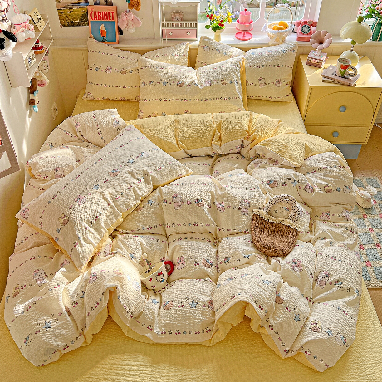 悦织湾家纺 2026新款泡芙棉印花四件套单品单被套枕套时尚轻奢卡通小碎花学生宿舍用品三四件套 萌宠派对（黄）
