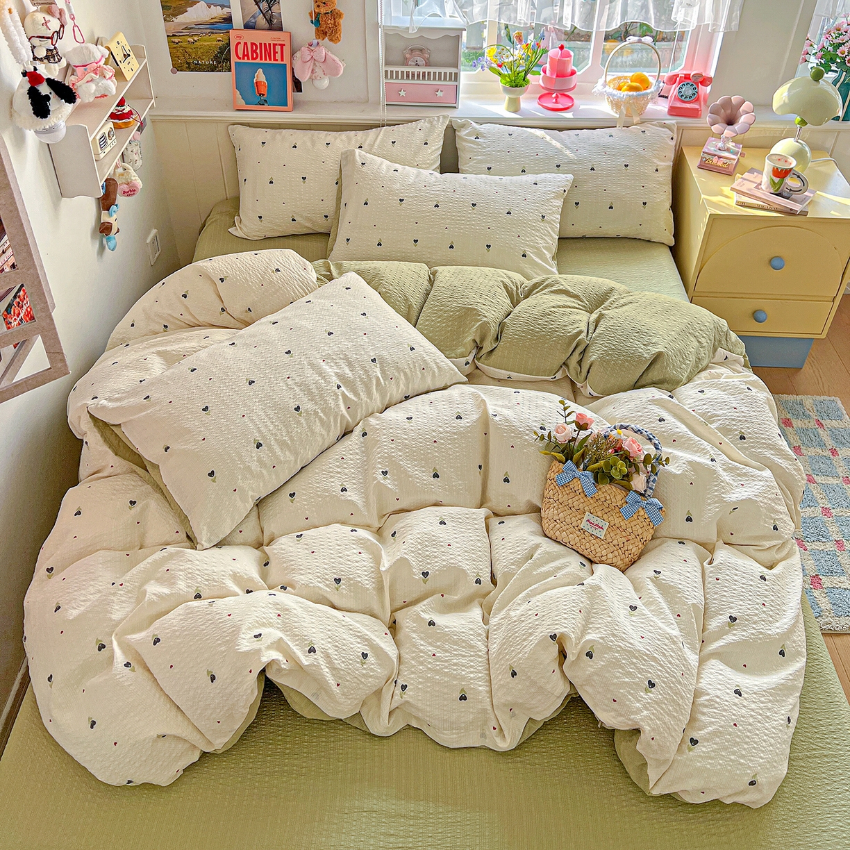 悦织湾家纺 2026新款泡芙棉印花四件套单品单被套枕套时尚轻奢卡通小碎花学生宿舍用品三四件套 奶樱点点