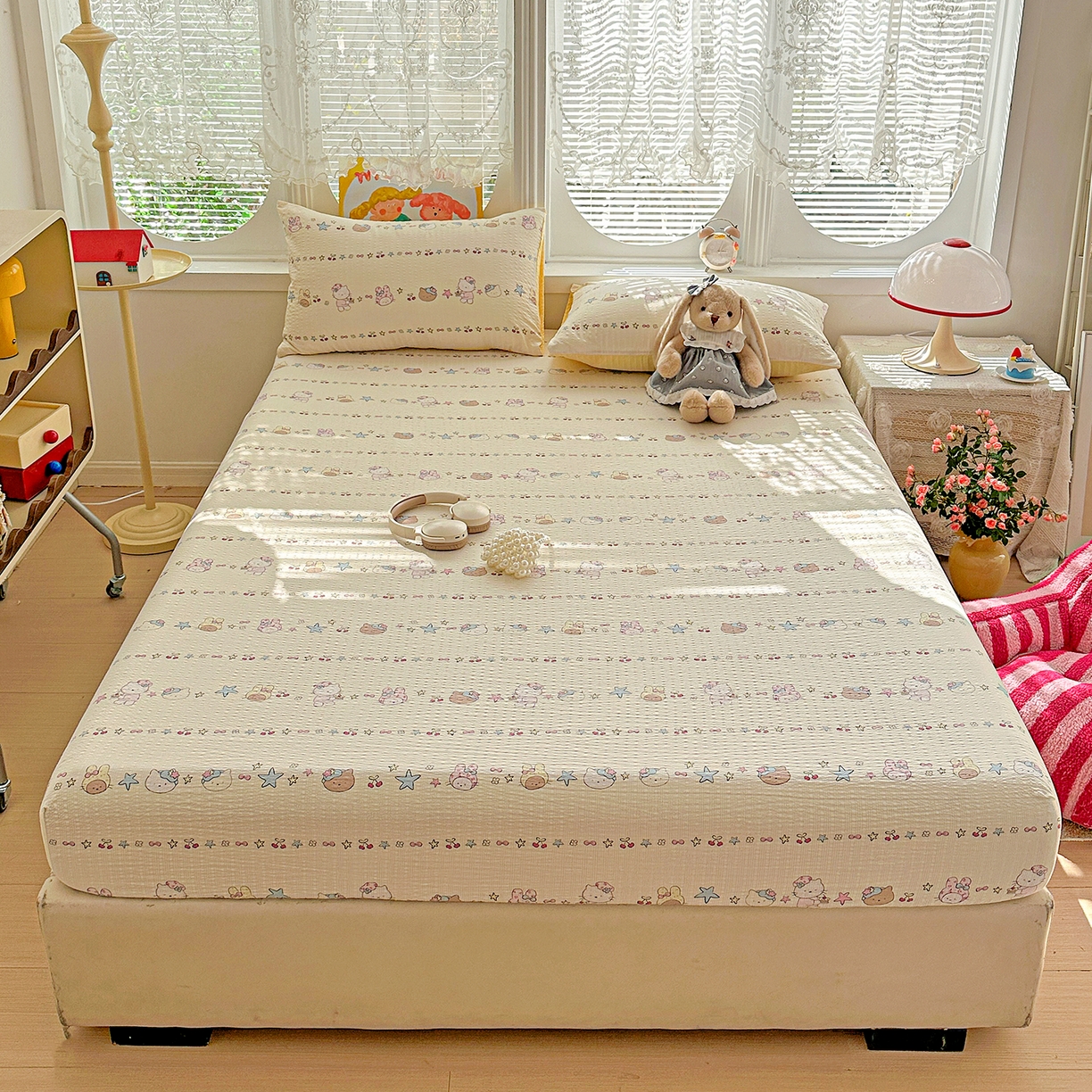 悦织湾家纺 2026新款老粗布印花床单床笠床笠三两件套春秋学生宿舍单双人床笠 萌宠派对（黄）