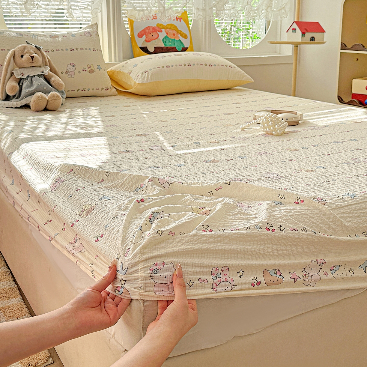 91家纺网 家纺一手货源 找家纺 悦织湾家纺 2026新款老粗布印花床单床笠床笠三两件套春秋学生宿舍单双人床笠 萌宠派对（黄）