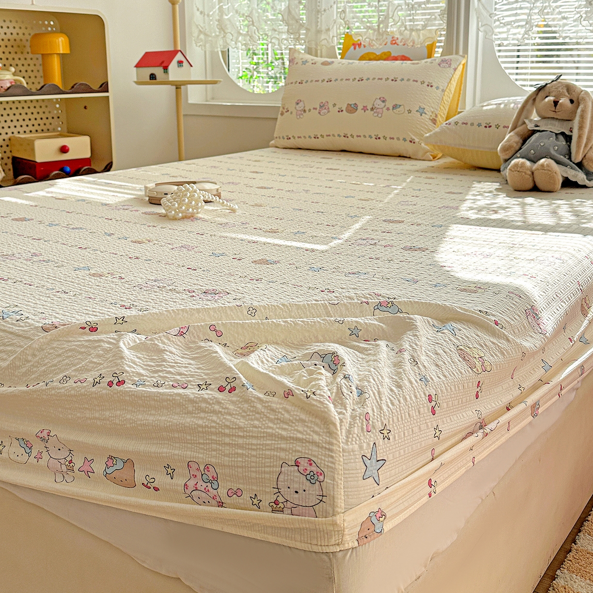 91家纺网 家纺一手货源 找家纺 悦织湾家纺 2026新款老粗布印花床单床笠床笠三两件套春秋学生宿舍单双人床笠 萌宠派对（黄）