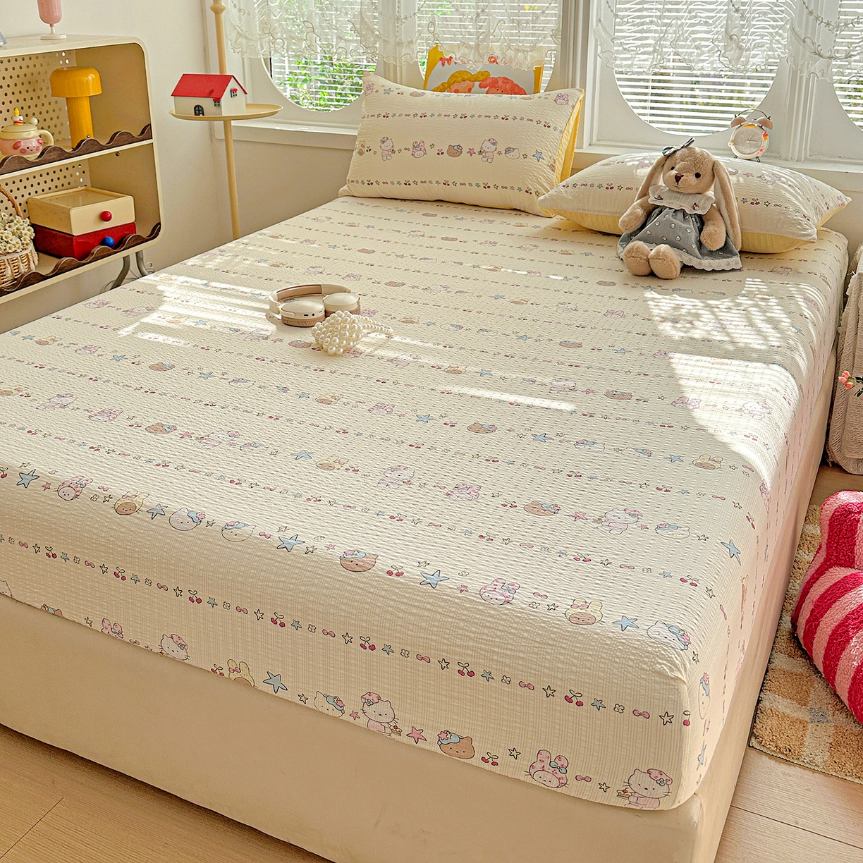 91家纺网 家纺一手货源 找家纺 悦织湾家纺 2026新款老粗布印花床单床笠床笠三两件套春秋学生宿舍单双人床笠 萌宠派对（黄）