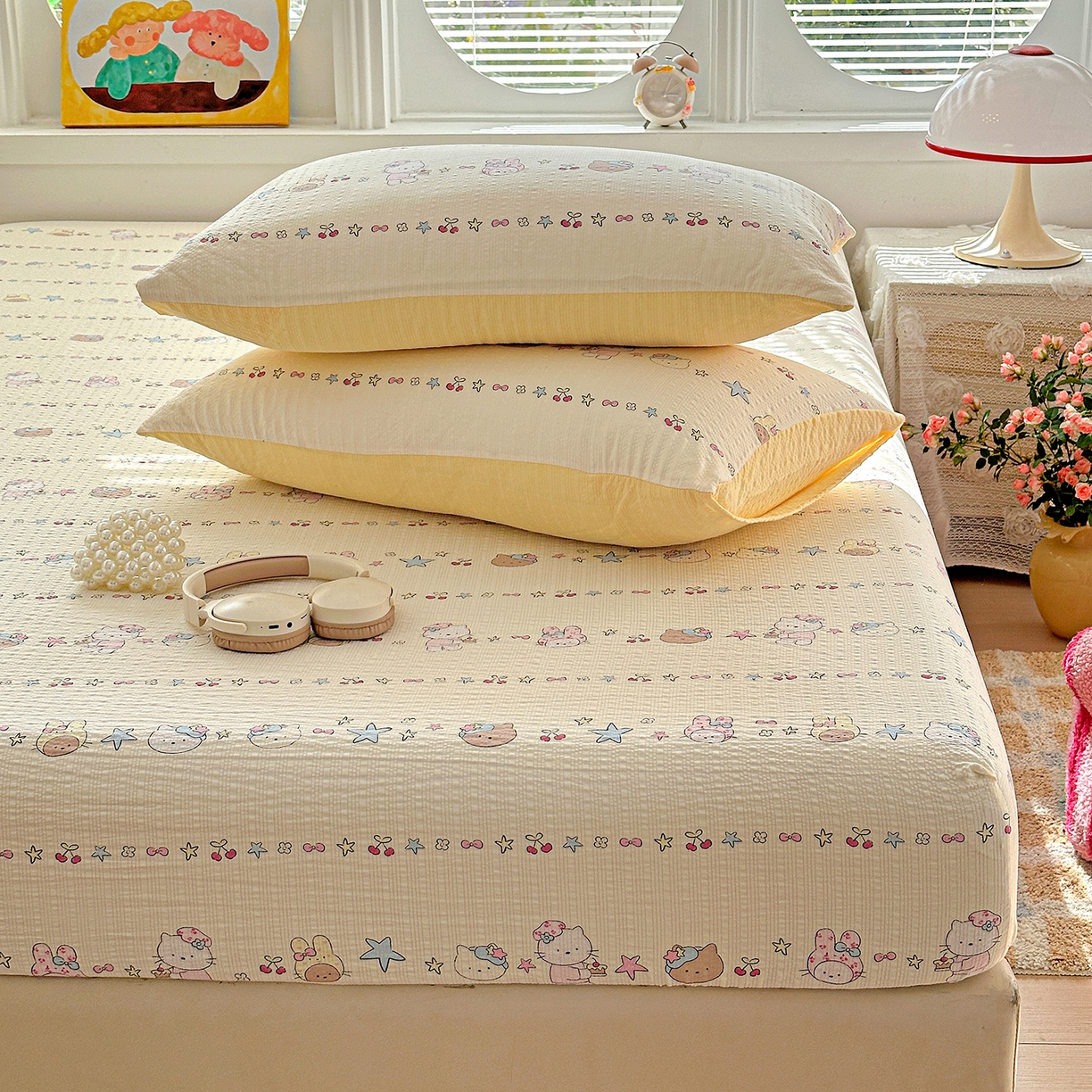 91家纺网 家纺一手货源 找家纺 悦织湾家纺 2026新款老粗布印花床单床笠床笠三两件套春秋学生宿舍单双人床笠 萌宠派对（黄）