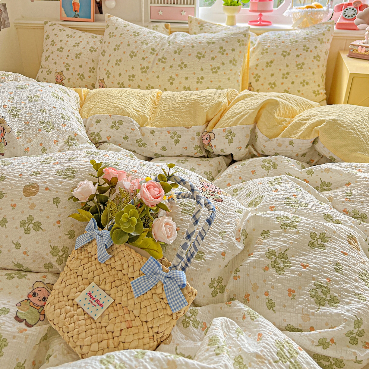 91家纺网 家纺一手货源 找家纺 悦织湾家纺 2026新款泡芙棉印花四件套单品单被套枕套时尚轻奢卡通小碎花学生宿舍用品三四件套 甜美星星人