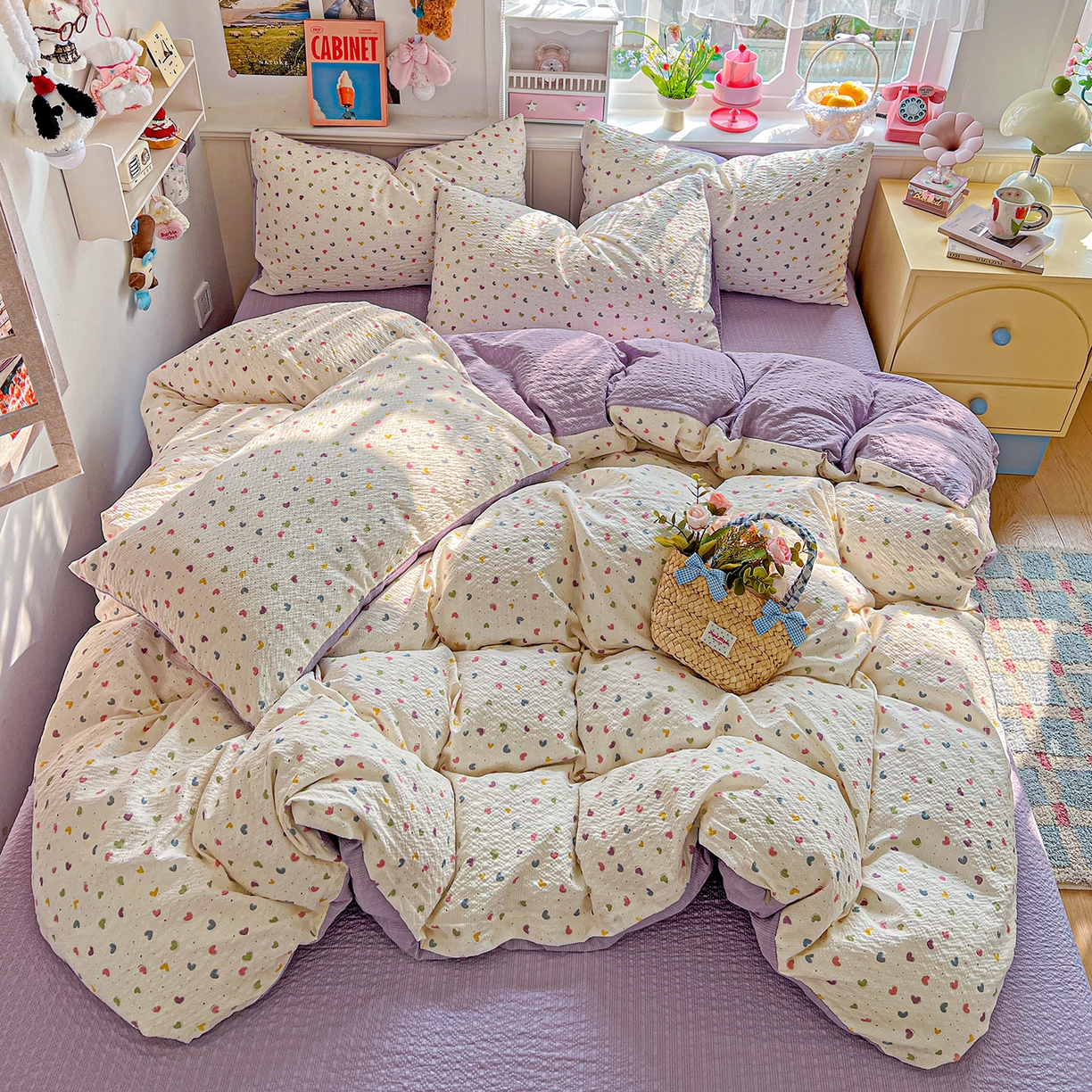 悦织湾家纺 2026新款泡芙棉印花四件套单品单被套枕套时尚轻奢卡通小碎花学生宿舍用品三四件套 心心相印