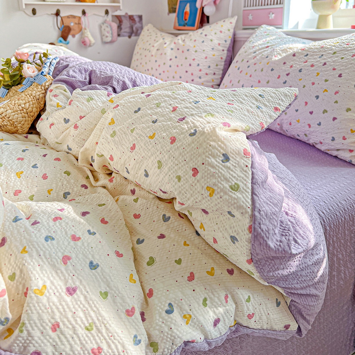 91家纺网 家纺一手货源 找家纺 悦织湾家纺 2026新款泡芙棉印花四件套单品单被套枕套时尚轻奢卡通小碎花学生宿舍用品三四件套 心心相印