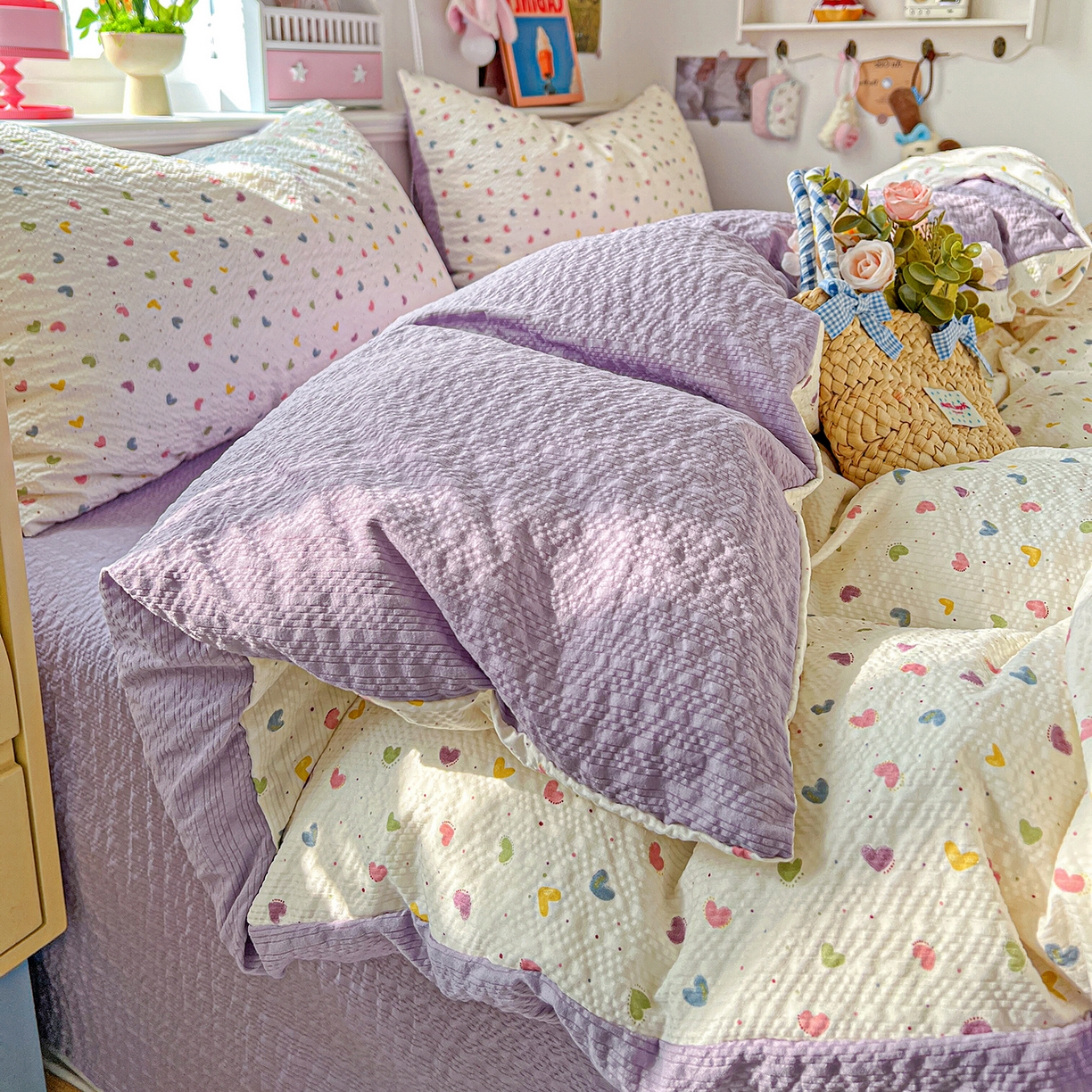 91家纺网 家纺一手货源 找家纺 悦织湾家纺 2026新款泡芙棉印花四件套单品单被套枕套时尚轻奢卡通小碎花学生宿舍用品三四件套 心心相印