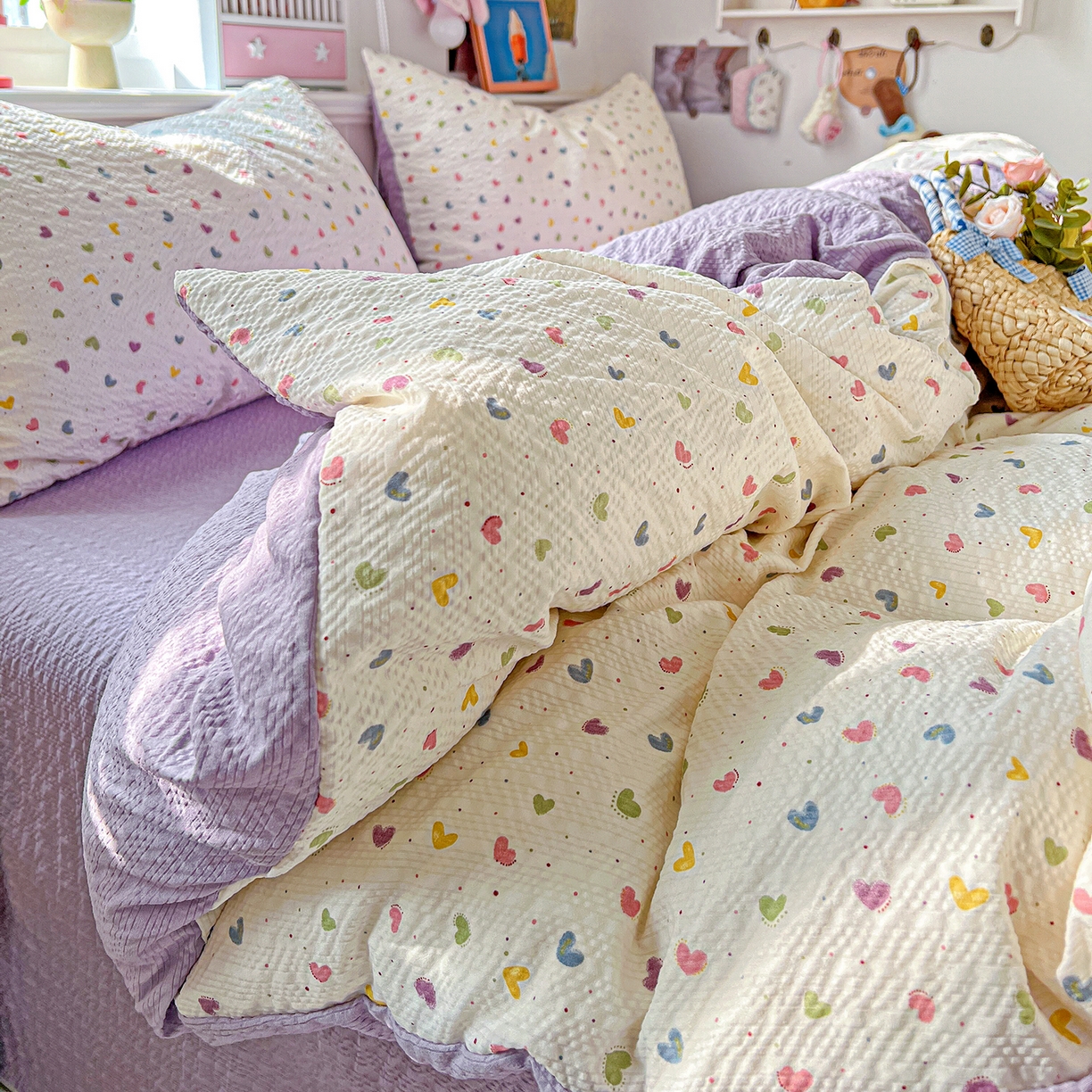 91家纺网 家纺一手货源 找家纺 悦织湾家纺 2026新款泡芙棉印花四件套单品单被套枕套时尚轻奢卡通小碎花学生宿舍用品三四件套 心心相印