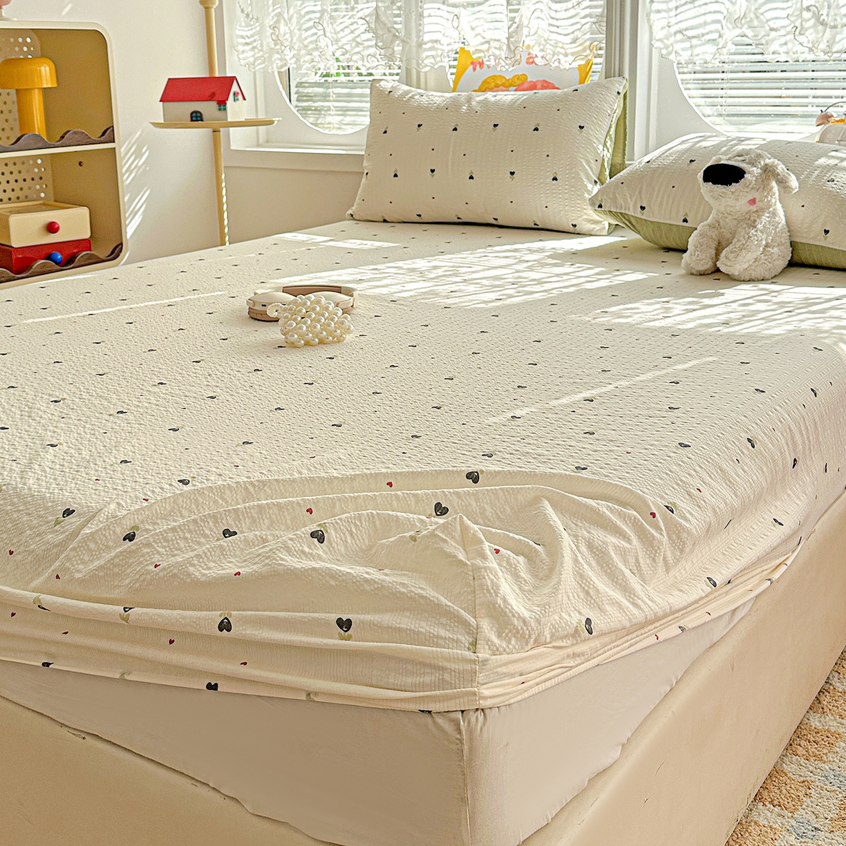 91家纺网 家纺一手货源 找家纺 悦织湾家纺 2026新款老粗布印花床单床笠床笠三两件套春秋学生宿舍单双人床笠 奶樱点点