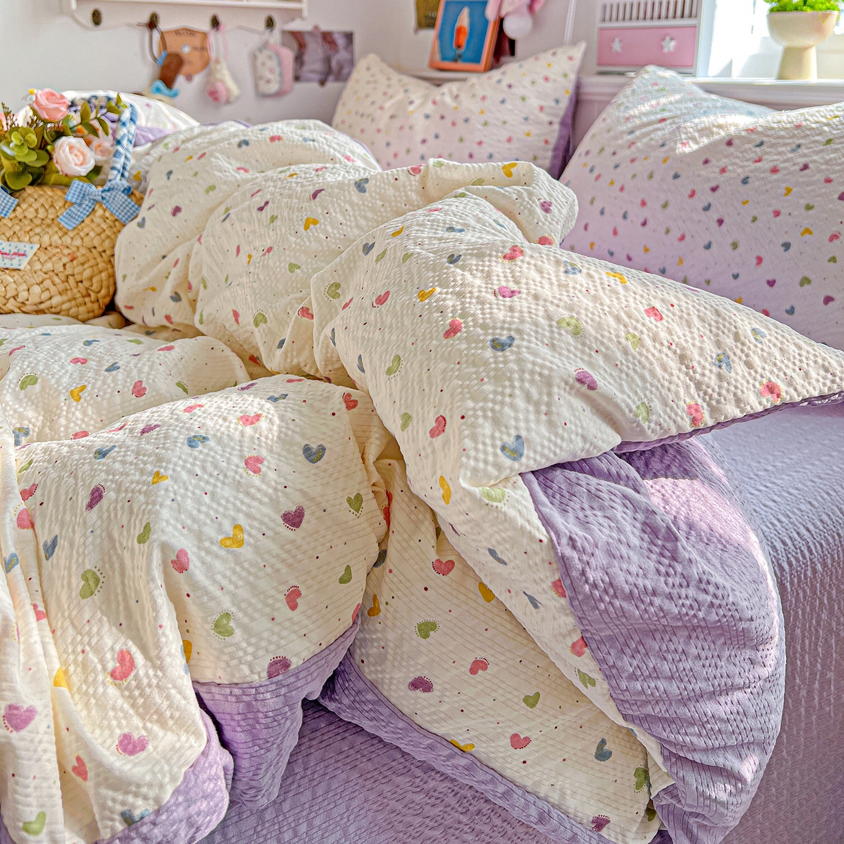 91家纺网 家纺一手货源 找家纺 悦织湾家纺 2026新款泡芙棉印花四件套单品单被套枕套时尚轻奢卡通小碎花学生宿舍用品三四件套 心心相印