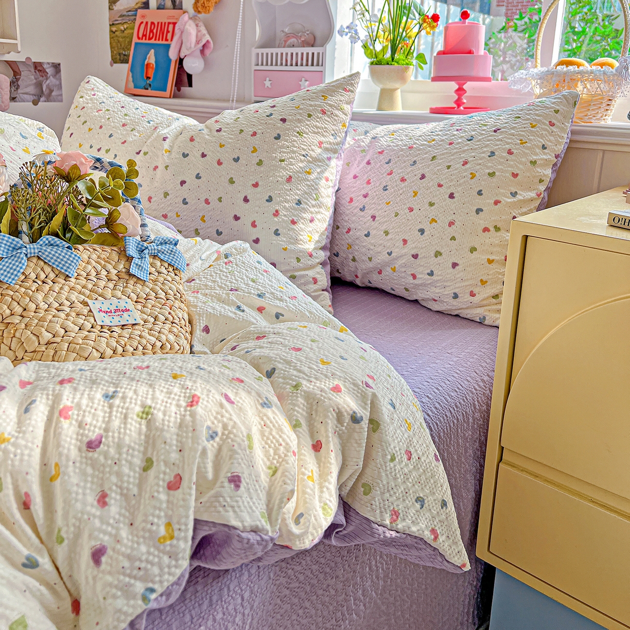 91家纺网 家纺一手货源 找家纺 悦织湾家纺 2026新款泡芙棉印花四件套单品单被套枕套时尚轻奢卡通小碎花学生宿舍用品三四件套 心心相印