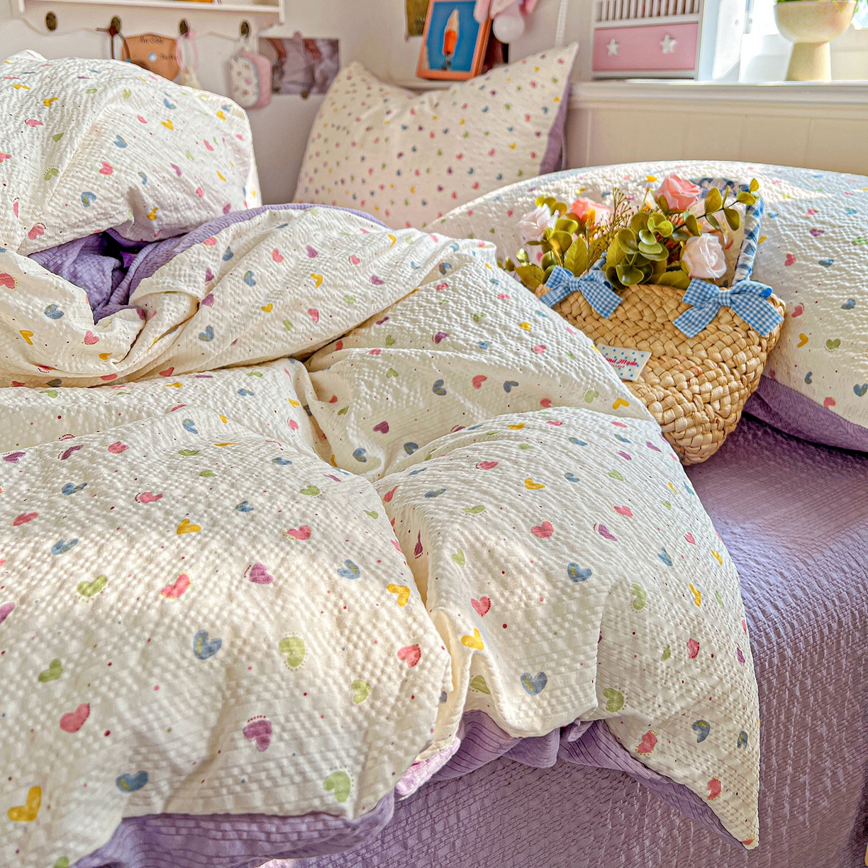 91家纺网 家纺一手货源 找家纺 悦织湾家纺 2026新款泡芙棉印花四件套单品单被套枕套时尚轻奢卡通小碎花学生宿舍用品三四件套 心心相印