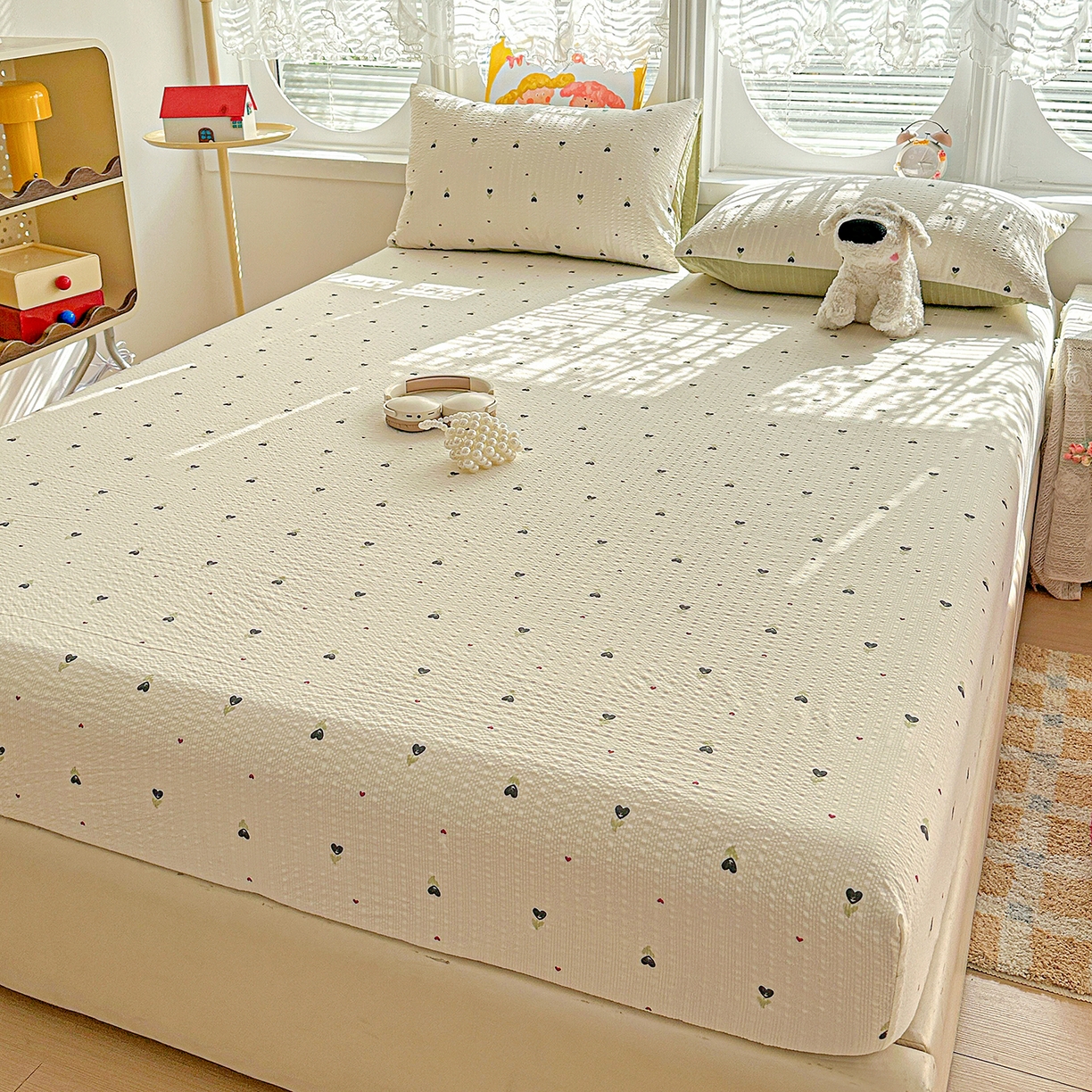 91家纺网 家纺一手货源 找家纺 悦织湾家纺 2026新款老粗布印花床单床笠床笠三两件套春秋学生宿舍单双人床笠 奶樱点点