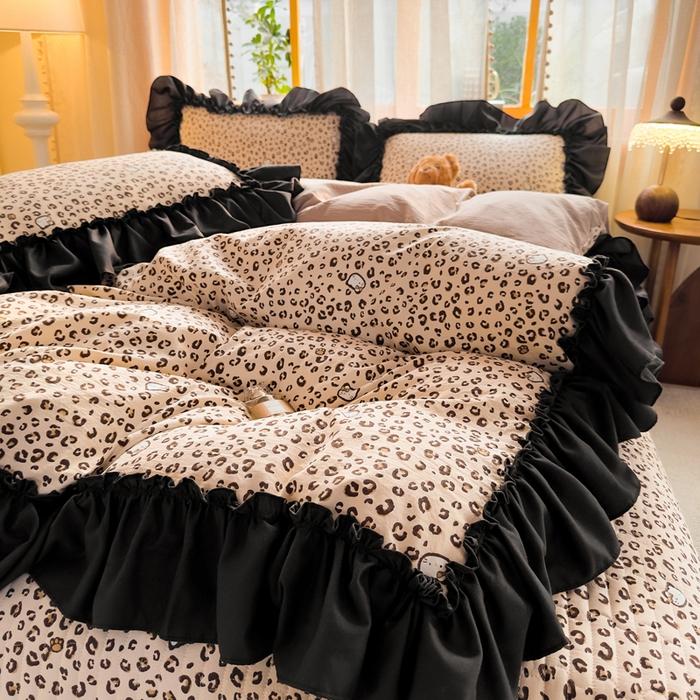 大麦家纺 2026新款水洗古棉床盖印花四件套 豹纹猫咪