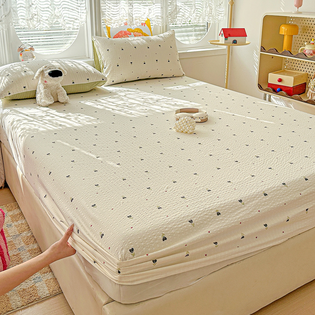 91家纺网 家纺一手货源 找家纺 悦织湾家纺 2026新款老粗布印花床单床笠床笠三两件套春秋学生宿舍单双人床笠 奶樱点点