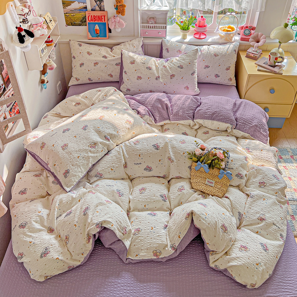 悦织湾家纺 2026新款泡芙棉印花四件套单品单被套枕套时尚轻奢卡通小碎花学生宿舍用品三四件套 星空