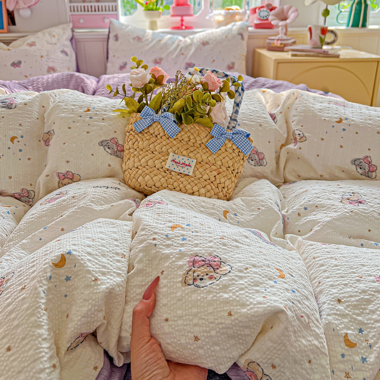 91家纺网 家纺一手货源 找家纺 悦织湾家纺 2026新款泡芙棉印花四件套单品单被套枕套时尚轻奢卡通小碎花学生宿舍用品三四件套 星空