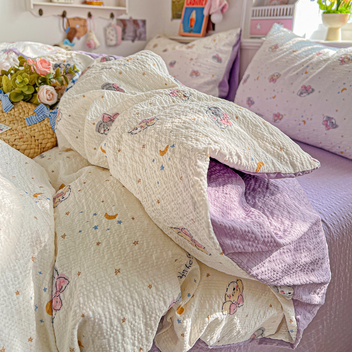 91家纺网 家纺一手货源 找家纺 悦织湾家纺 2026新款泡芙棉印花四件套单品单被套枕套时尚轻奢卡通小碎花学生宿舍用品三四件套 星空