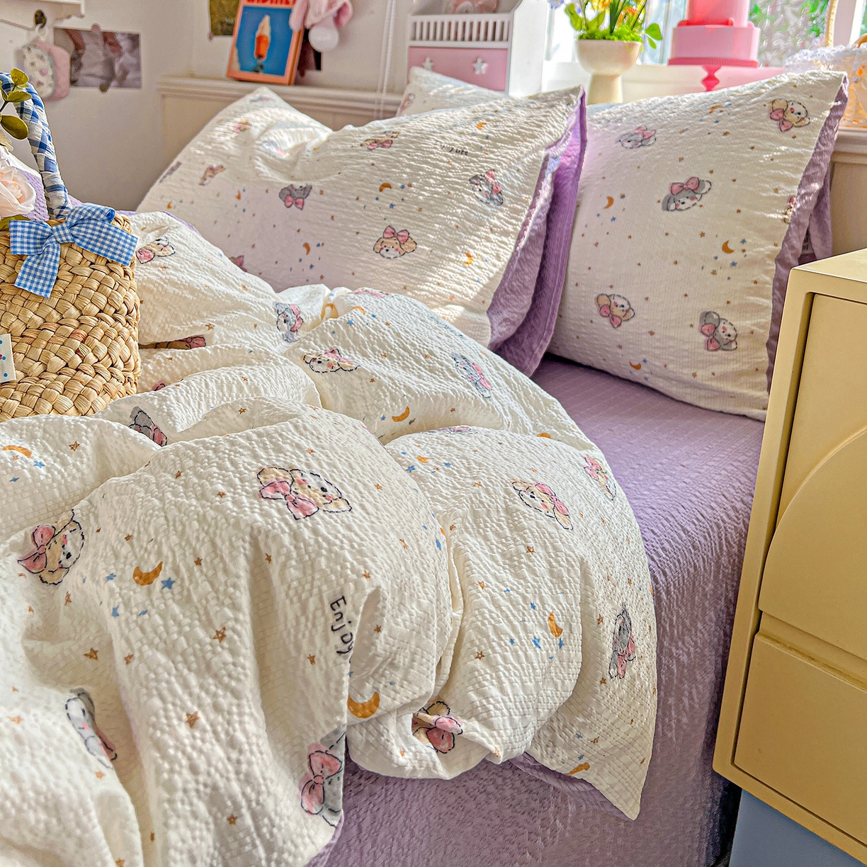 91家纺网 家纺一手货源 找家纺 悦织湾家纺 2026新款泡芙棉印花四件套单品单被套枕套时尚轻奢卡通小碎花学生宿舍用品三四件套 星空