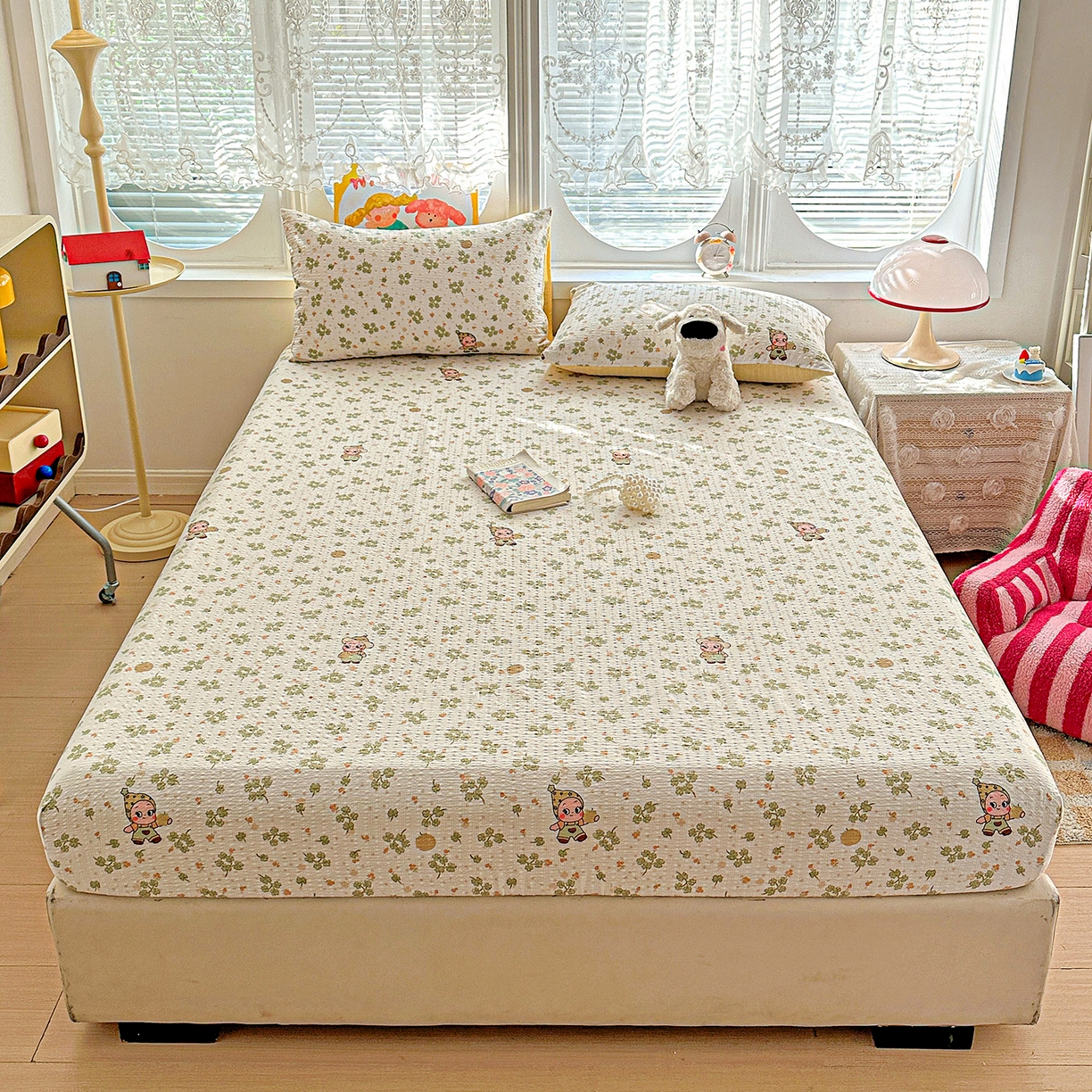 悦织湾家纺 2026新款老粗布印花床单床笠床笠三两件套春秋学生宿舍单双人床笠 甜美星星人