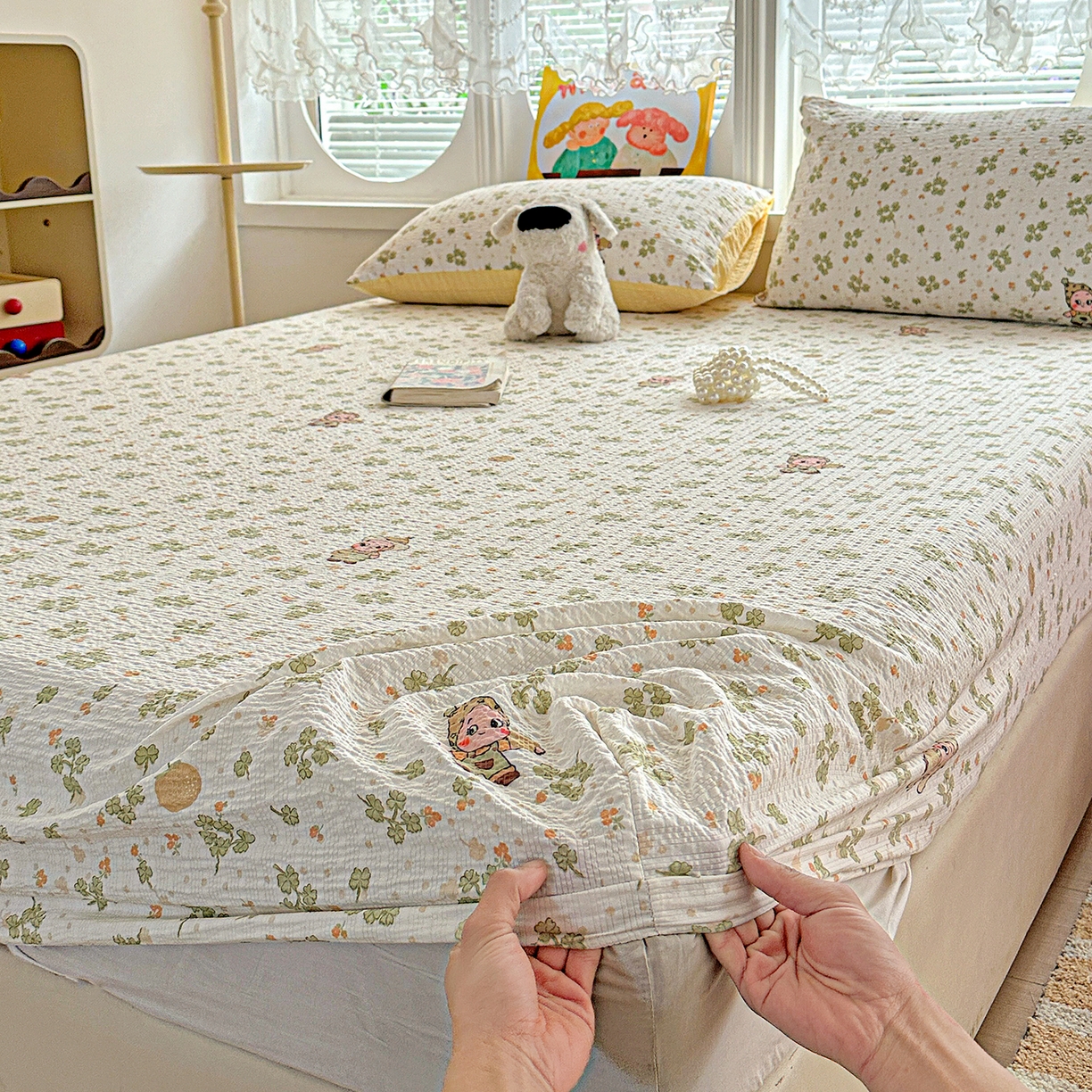 91家纺网 家纺一手货源 找家纺 悦织湾家纺 2026新款老粗布印花床单床笠床笠三两件套春秋学生宿舍单双人床笠 甜美星星人