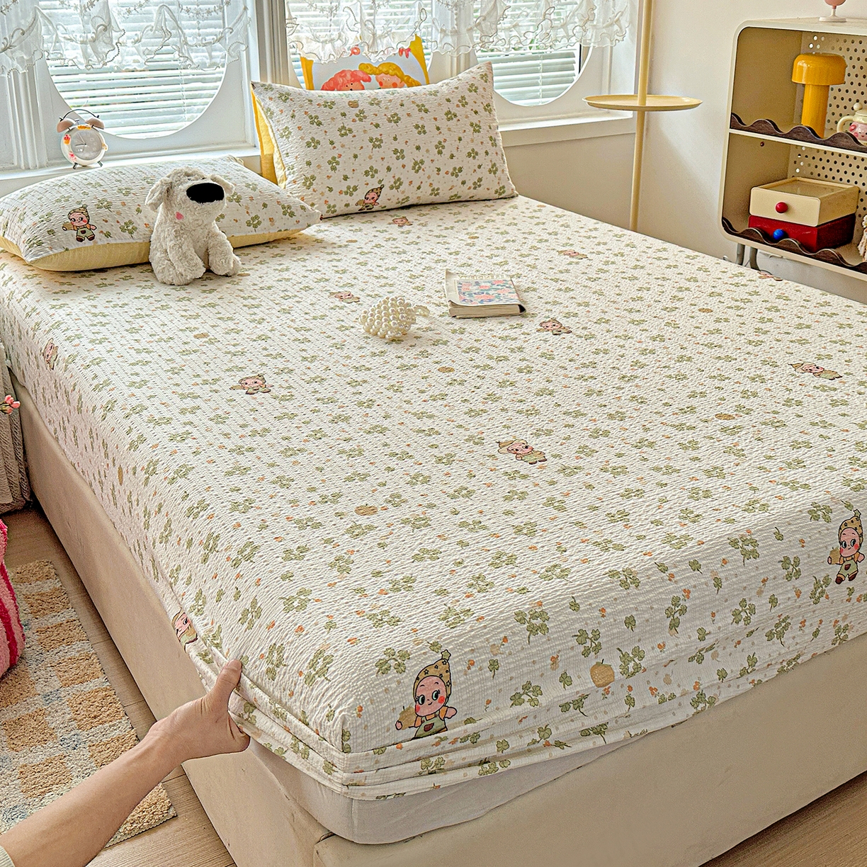 91家纺网 家纺一手货源 找家纺 悦织湾家纺 2026新款老粗布印花床单床笠床笠三两件套春秋学生宿舍单双人床笠 甜美星星人