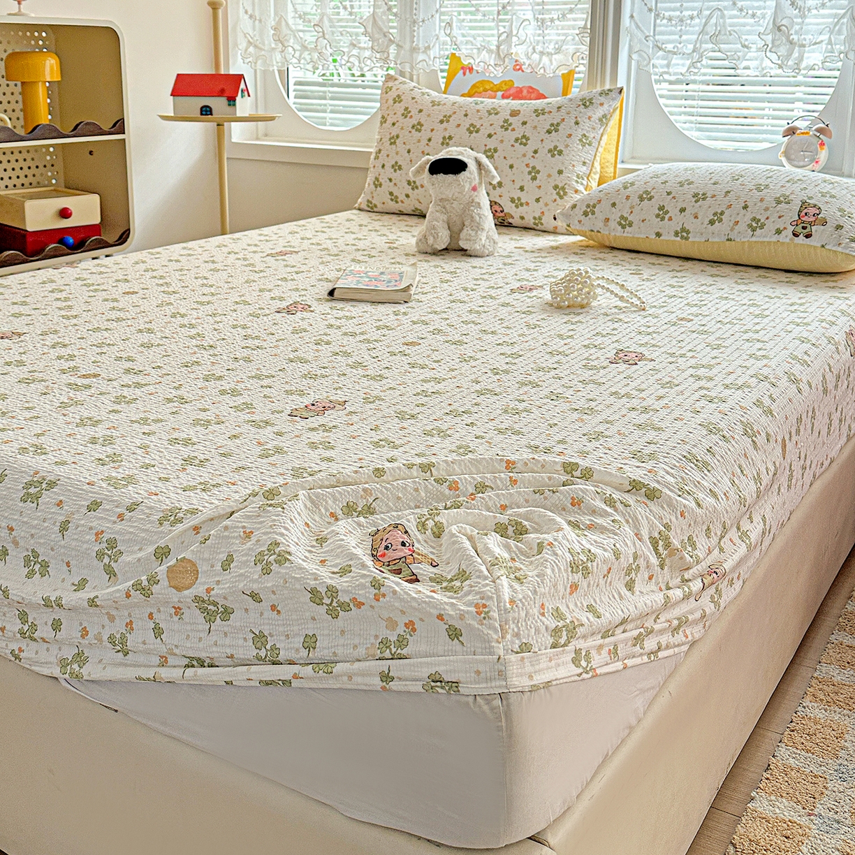 91家纺网 家纺一手货源 找家纺 悦织湾家纺 2026新款老粗布印花床单床笠床笠三两件套春秋学生宿舍单双人床笠 甜美星星人