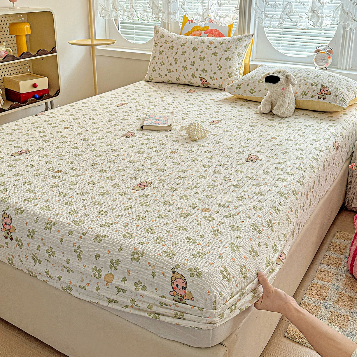 91家纺网 家纺一手货源 找家纺 悦织湾家纺 2026新款老粗布印花床单床笠床笠三两件套春秋学生宿舍单双人床笠 甜美星星人