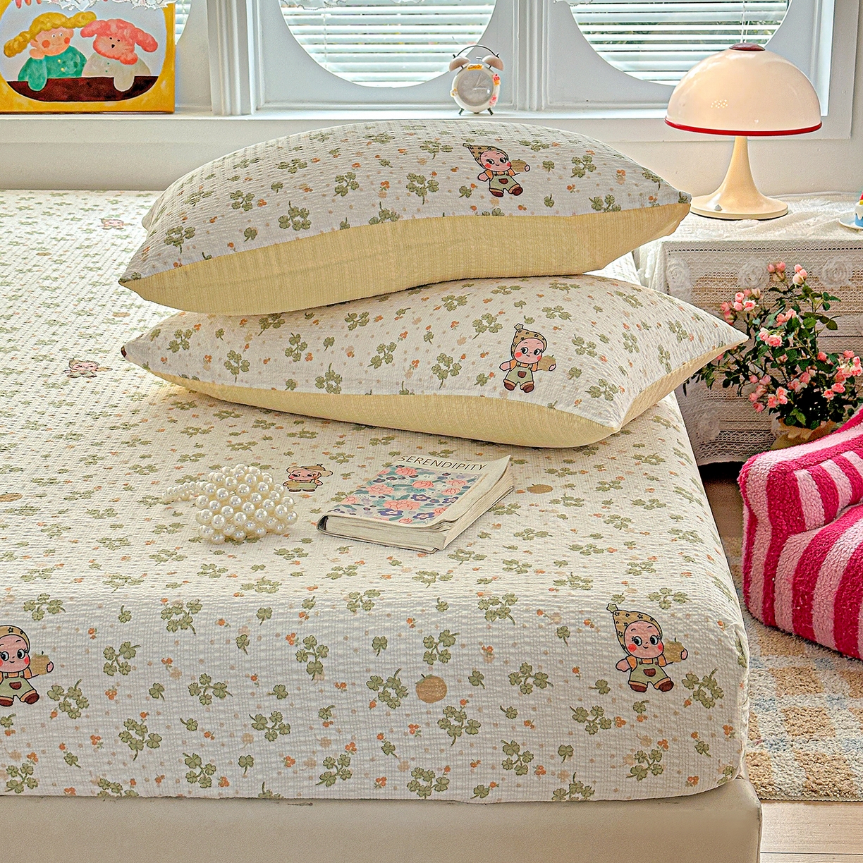 91家纺网 家纺一手货源 找家纺 悦织湾家纺 2026新款老粗布印花床单床笠床笠三两件套春秋学生宿舍单双人床笠 甜美星星人