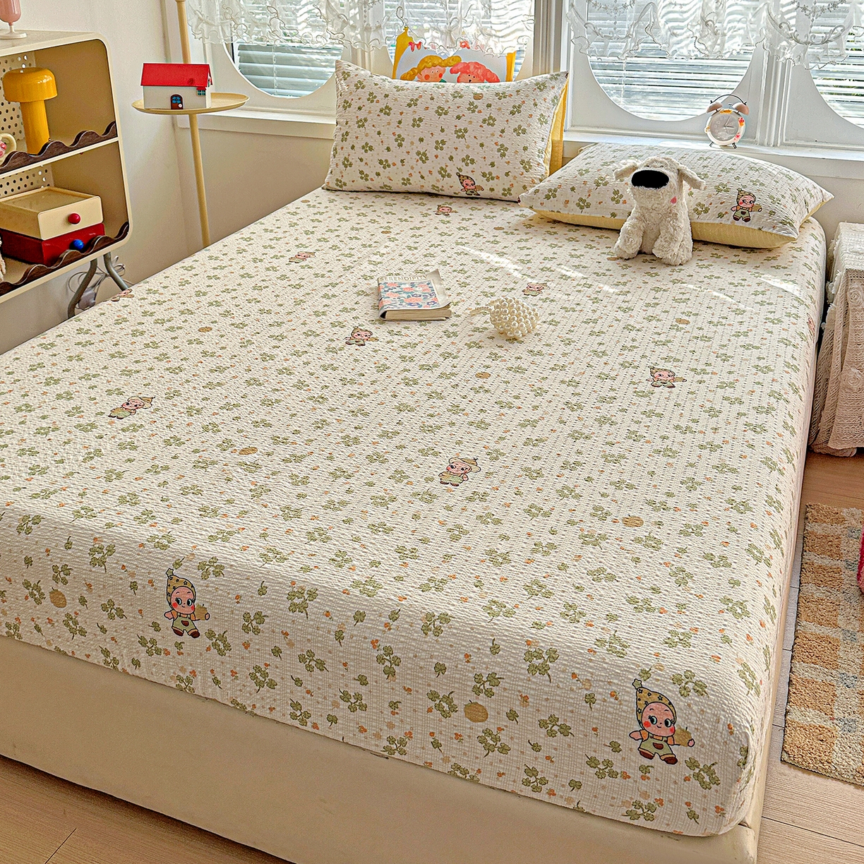 91家纺网 家纺一手货源 找家纺 悦织湾家纺 2026新款老粗布印花床单床笠床笠三两件套春秋学生宿舍单双人床笠 甜美星星人