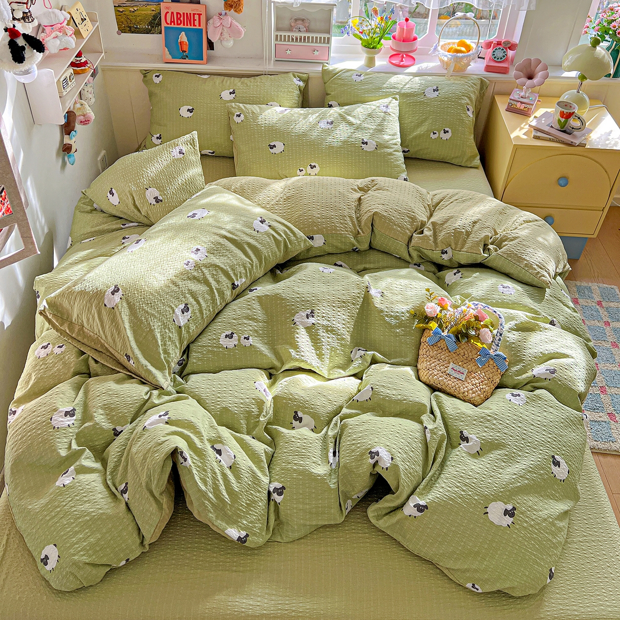 悦织湾家纺 2026新款泡芙棉印花四件套单品单被套枕套时尚轻奢卡通小碎花学生宿舍用品三四件套 羊羊牧场